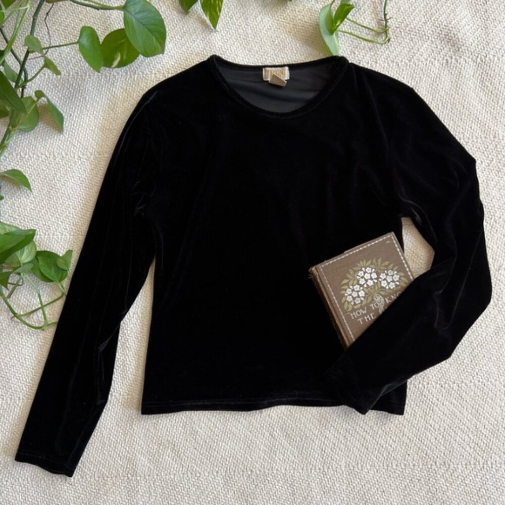 Vintage 90s Black Velvet Long Sleeve Top Shirt